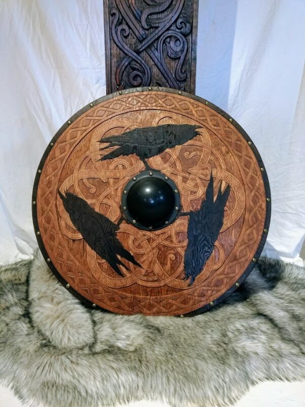 3 hand carved black ravens and wrym dragons on round Viking style shield