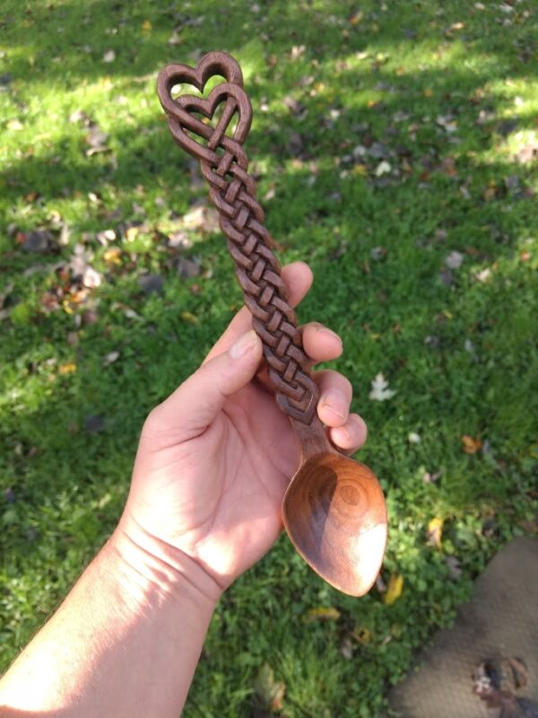 hand carved in black walnut double heart serve size celtic love spoon