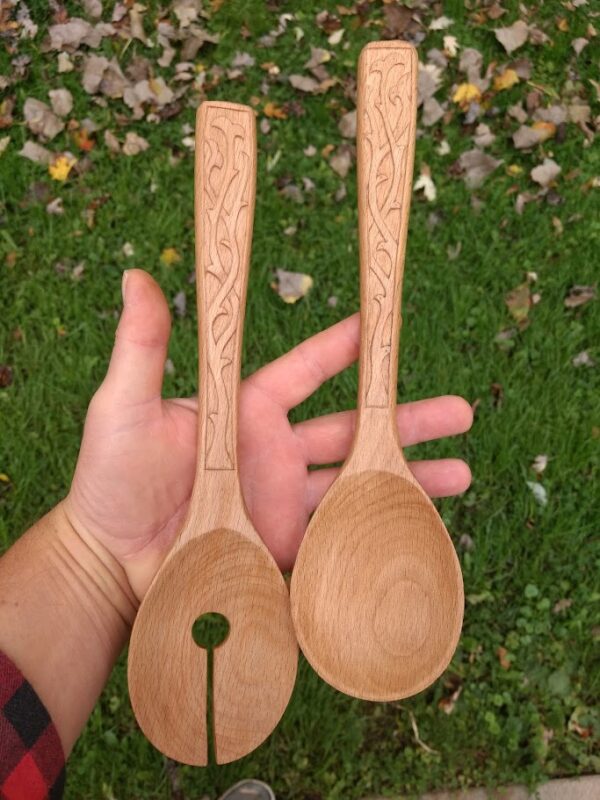 Beech wood Salad Spoons have a Celtic styled vines carved into each handle