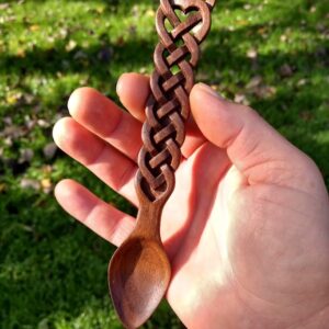 Tea spoon size, hand carved, walnut double heart celtic love spoon