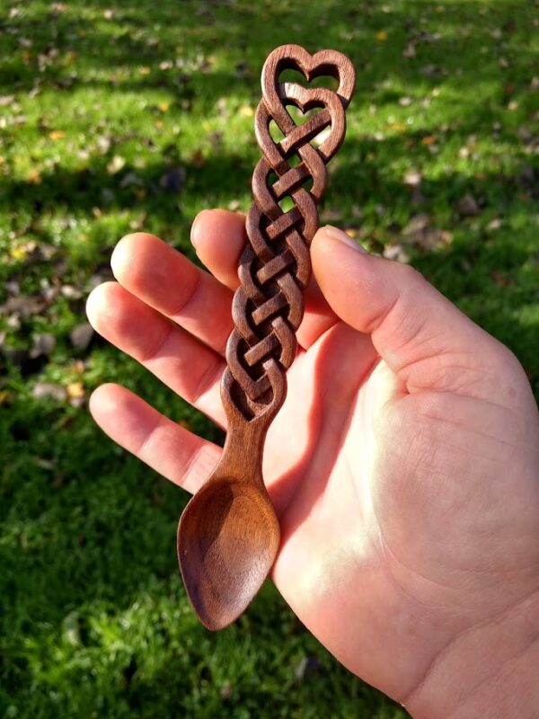 Tea spoon size, hand carved, walnut double heart celtic love spoon