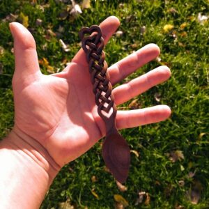 Tea spoon size, open weave carved, walnut double heart celtic love spoon