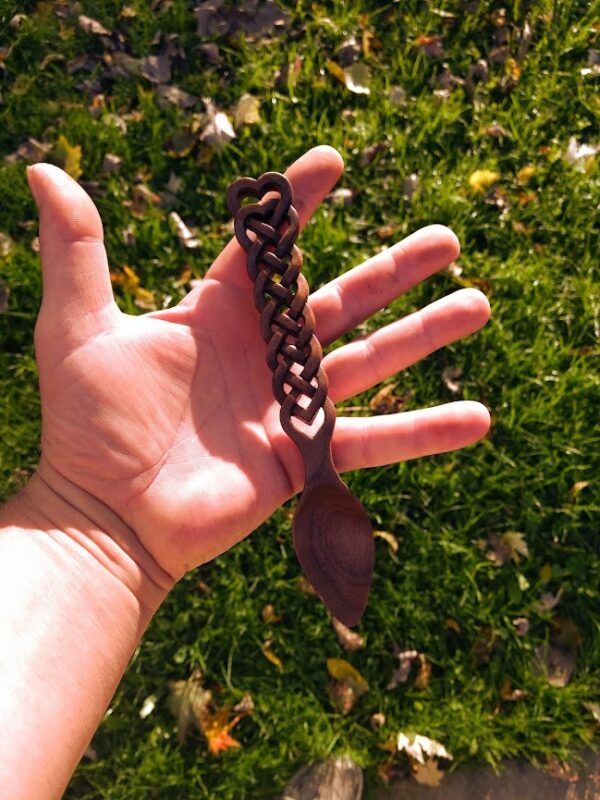 Tea spoon size, open weave carved, walnut double heart celtic love spoon