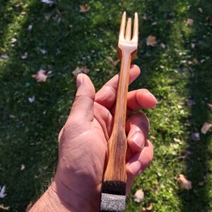 Hand carved pickle fork from an oak wine barrel