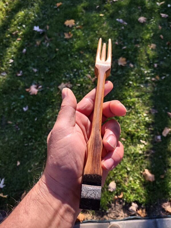 Hand carved pickle fork from an oak wine barrel